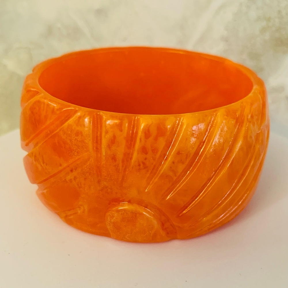 Vintage Orange Cream Carved Resin Bangle Bracelet